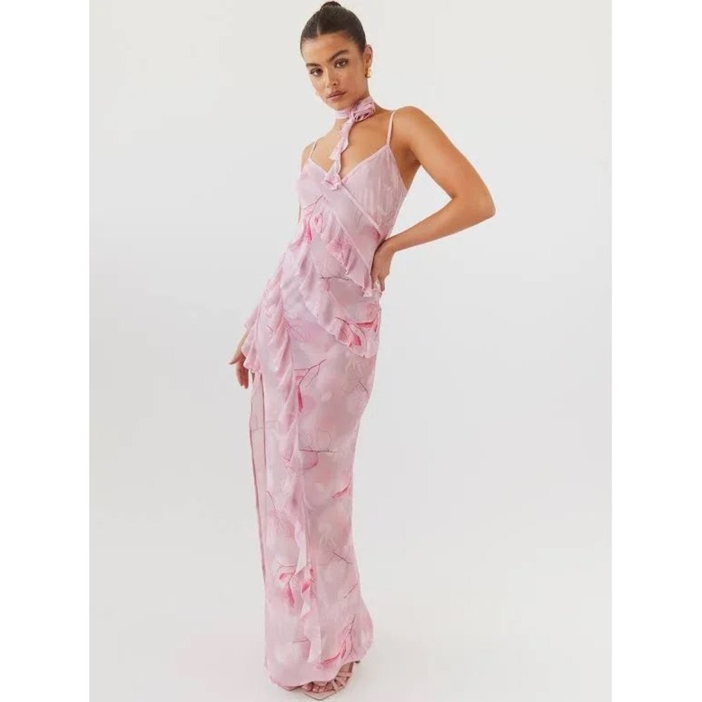 Peppermayo New Romantics Pink Floral Mesh Ruffle Maxi Dress Size 2